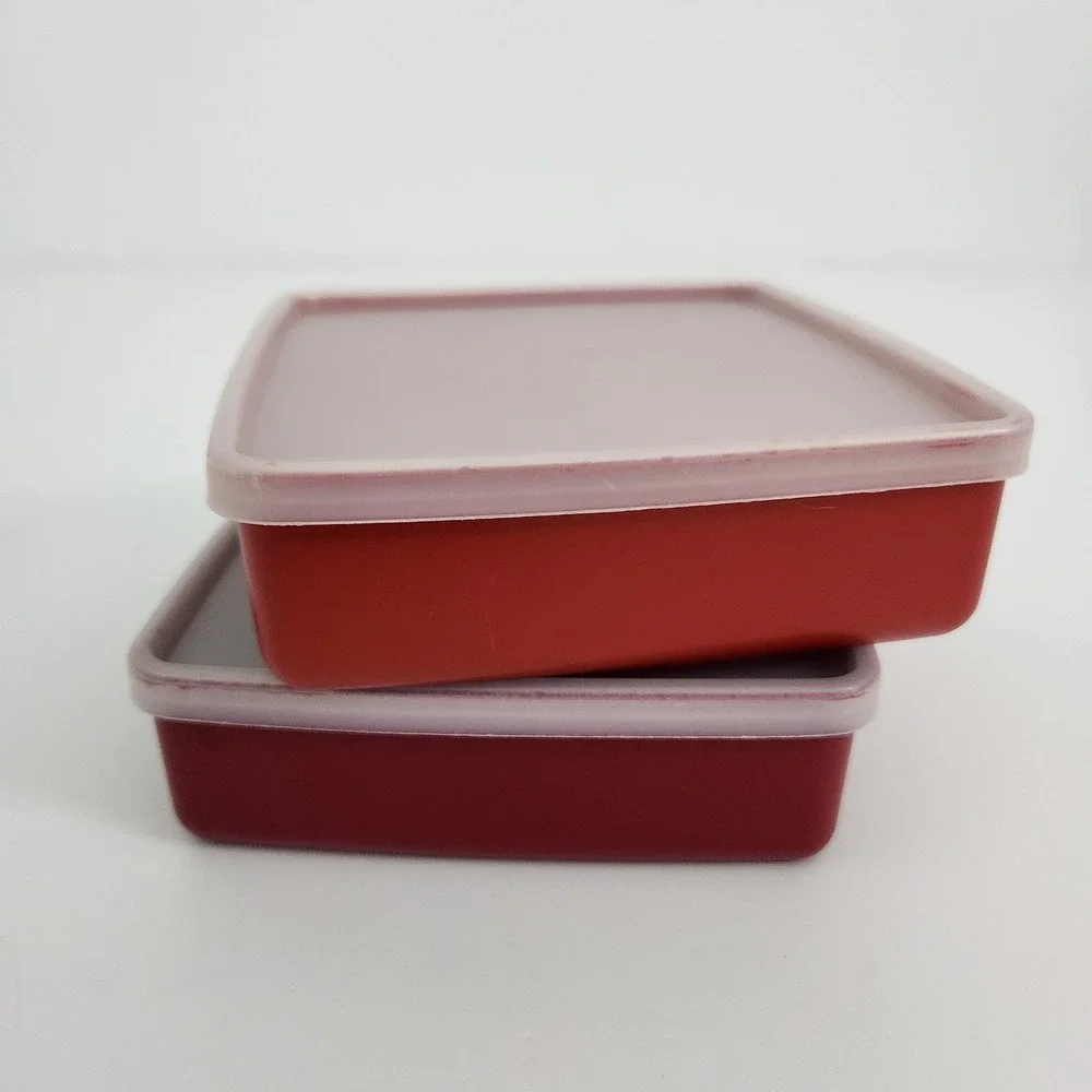 Tupperware Vintage Square Snack Containers Red Burgundy Set of 2 Made in USA